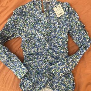 Zara Floral Ruched Long Sleeve Blouse